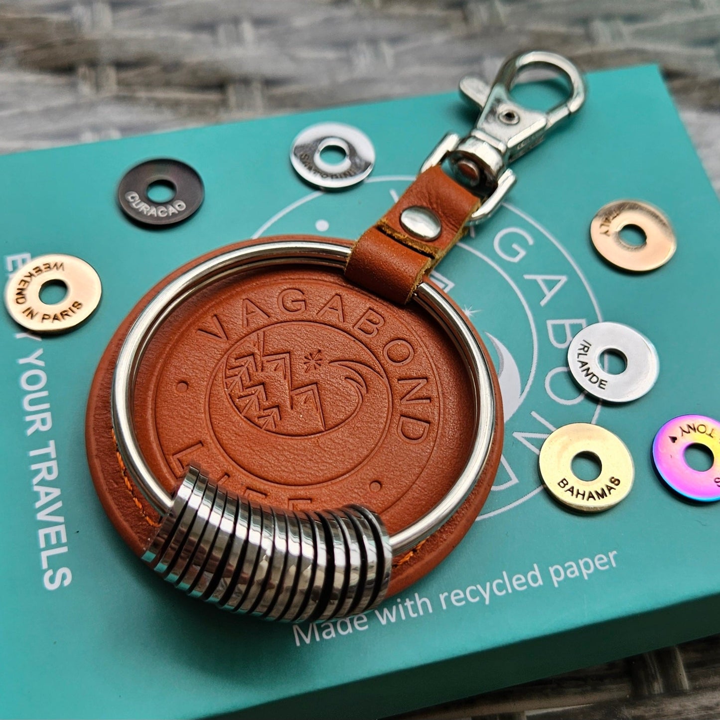 Brown Leather Keychain - Silver
