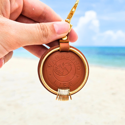 Brown Leather Keychain - Gold