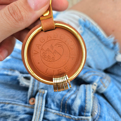 Brown Leather Keychain - Gold