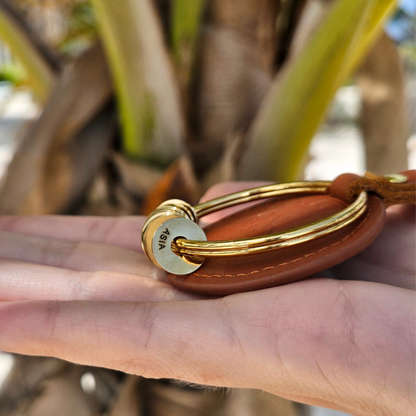 Brown Leather Keychain - Gold