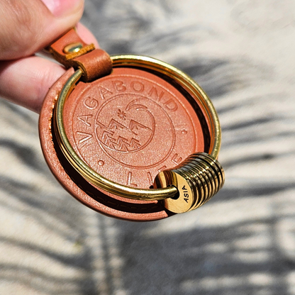 Brown Leather Keychain - Gold