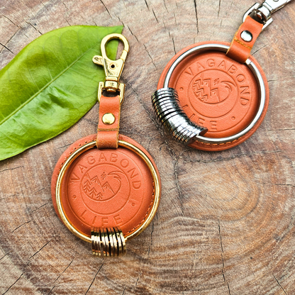 Brown Leather Keychain - Gold