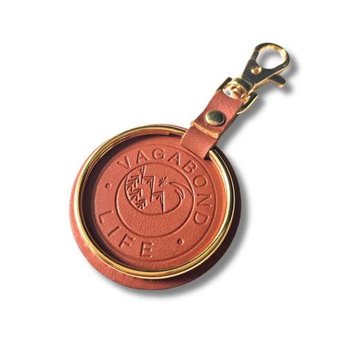 Brown Leather Keychain - Gold