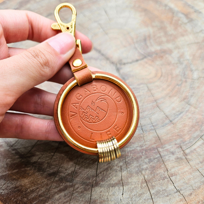Brown Leather Keychain - Gold