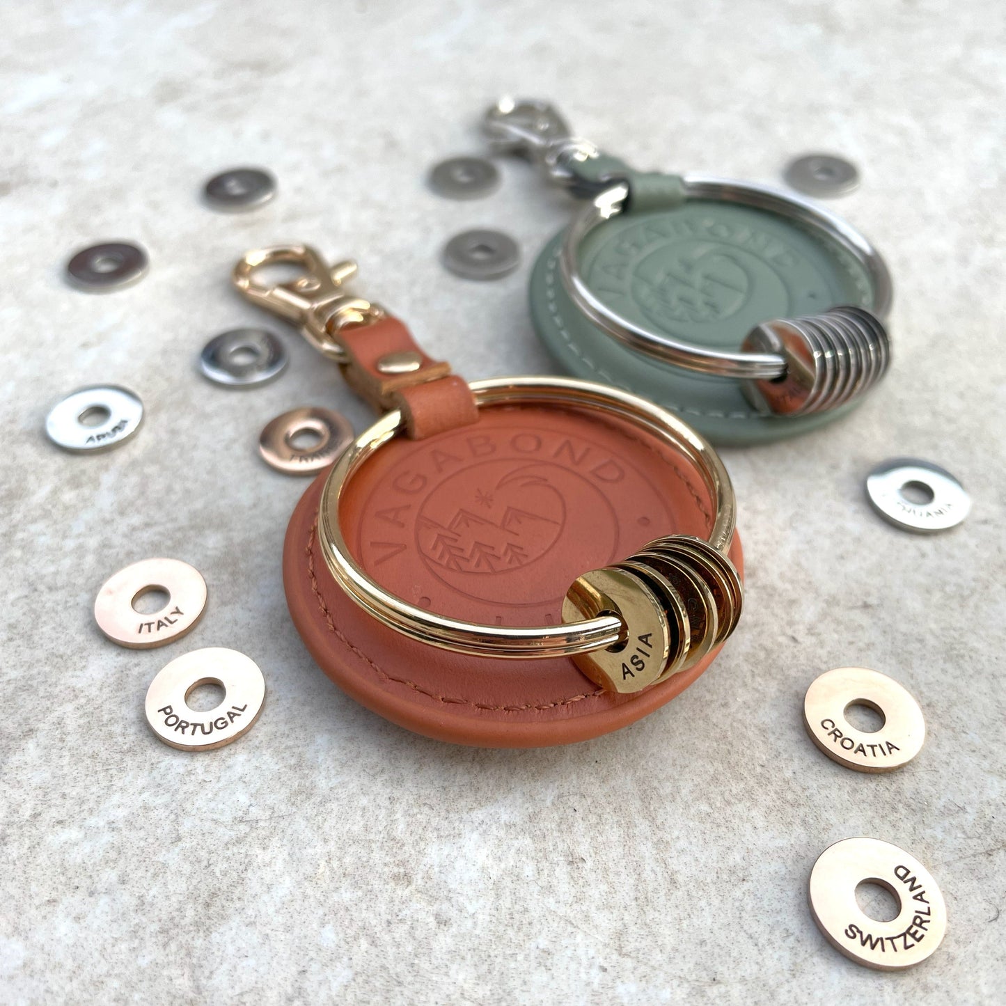 Brown Leather Keychain - Gold