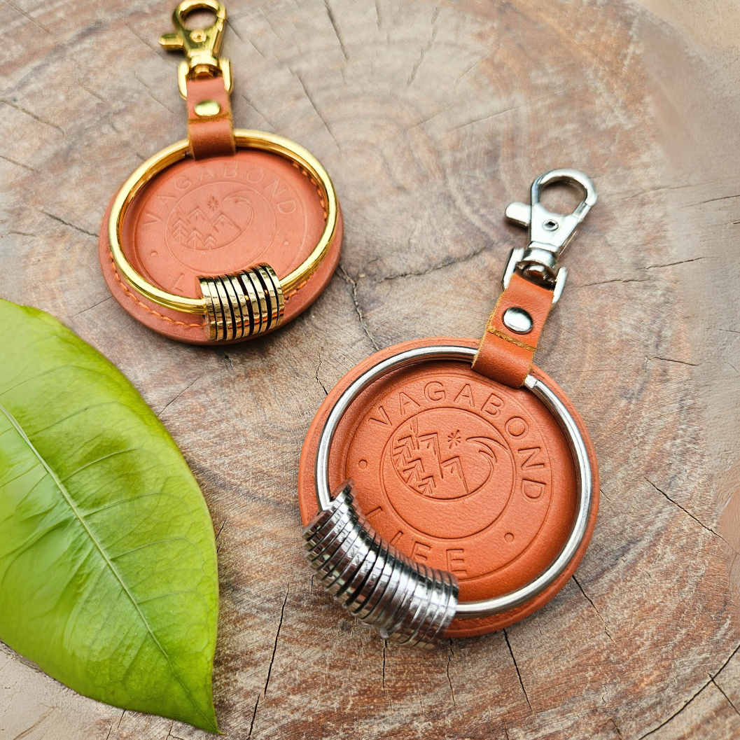 Brown Leather Keychain - Silver