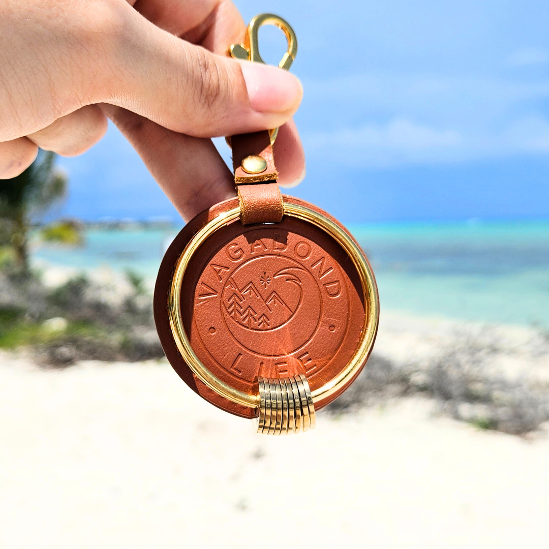 Brown Leather Keychain - Gold